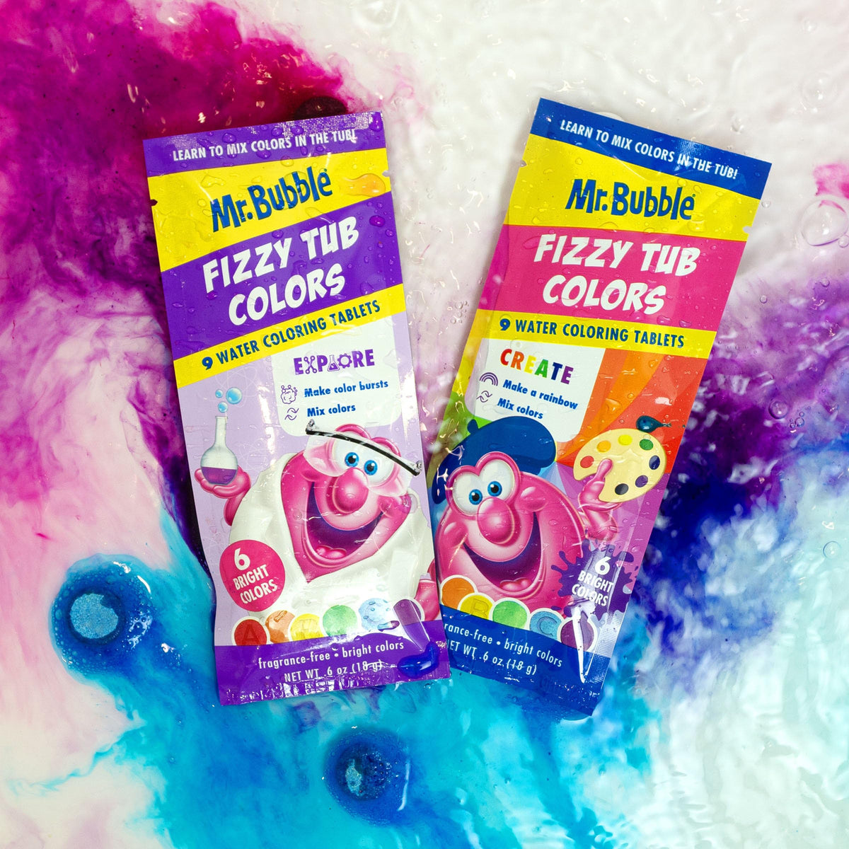 Mr. Bubble Fizzy Tub Colors tablets feature ABC letters for early learning in bath.