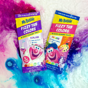 Mr. Bubble Fizzy Tub Colors tablets feature ABC letters for early learning in bath.