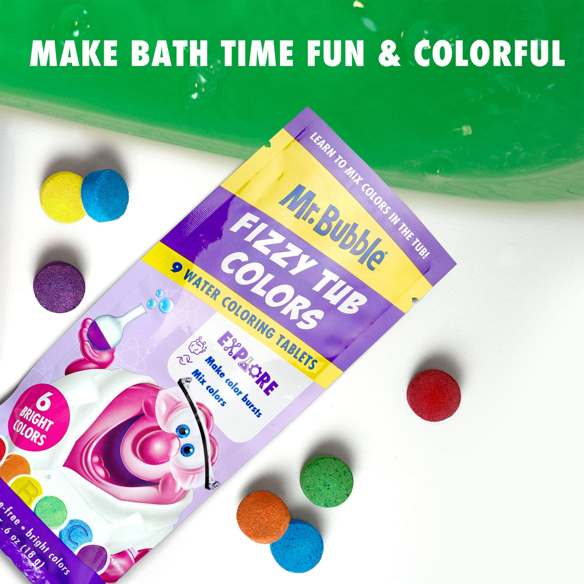 Mr. Bubble Fizzy Tub Colors tablet melting in tub yields bright yellow water.