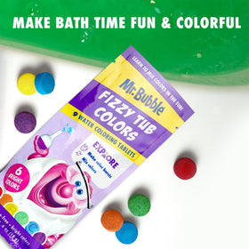 Mr. Bubble Fizzy Tub Colors tablet melting in tub yields bright yellow water.