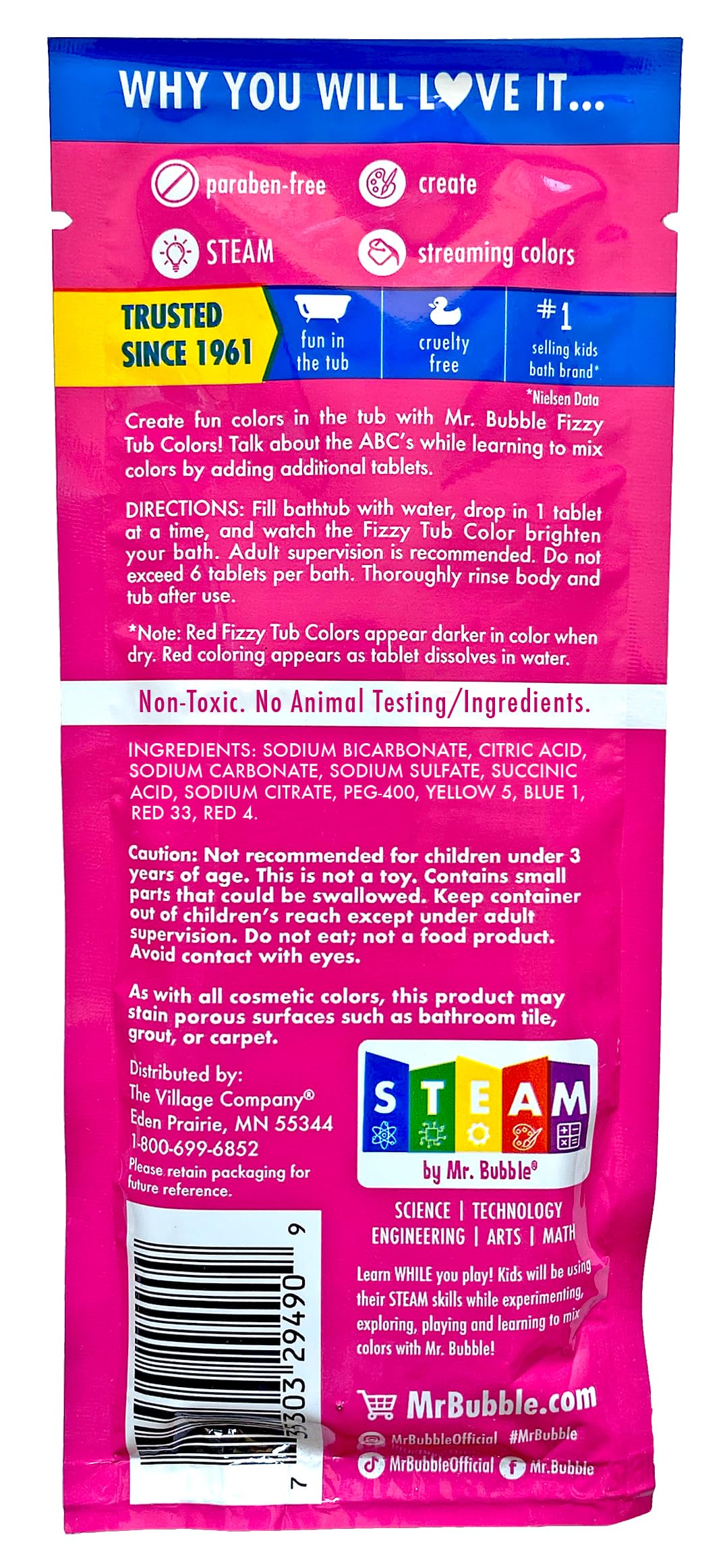Mr. Bubble Fizzy Tub Colors rinse away easily for quick cleanup.