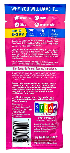Mr. Bubble Fizzy Tub Colors rinse away easily for quick cleanup.