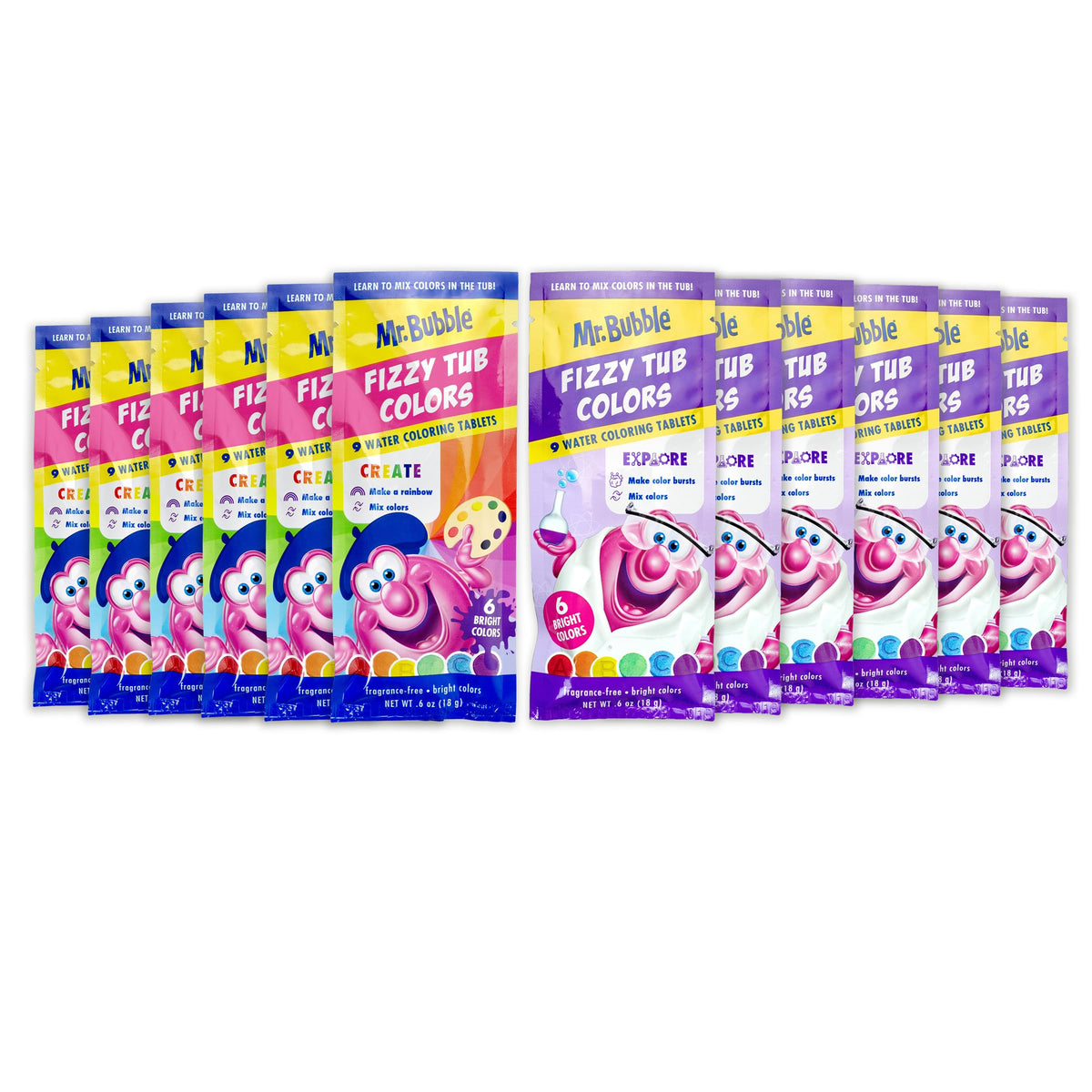 Mr. Bubble Fizzy Tub Colors packaging shows twelve 9-count packets for colorful bath time.