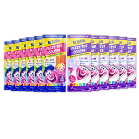 Mr. Bubble Fizzy Tub Colors packaging shows twelve 9-count packets for colorful bath time.
