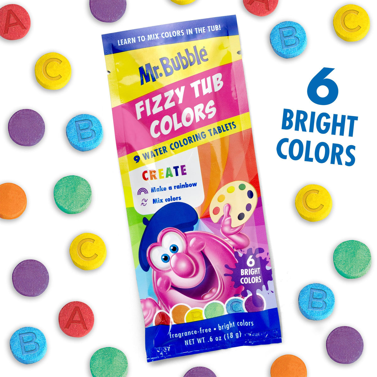 Mr. Bubble Fizzy Tub Colors tablet dissolving in water creates a bright bath.
