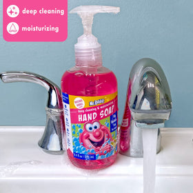 Mr. Bubble hand soap lather creating big bubbles for a fun clean.