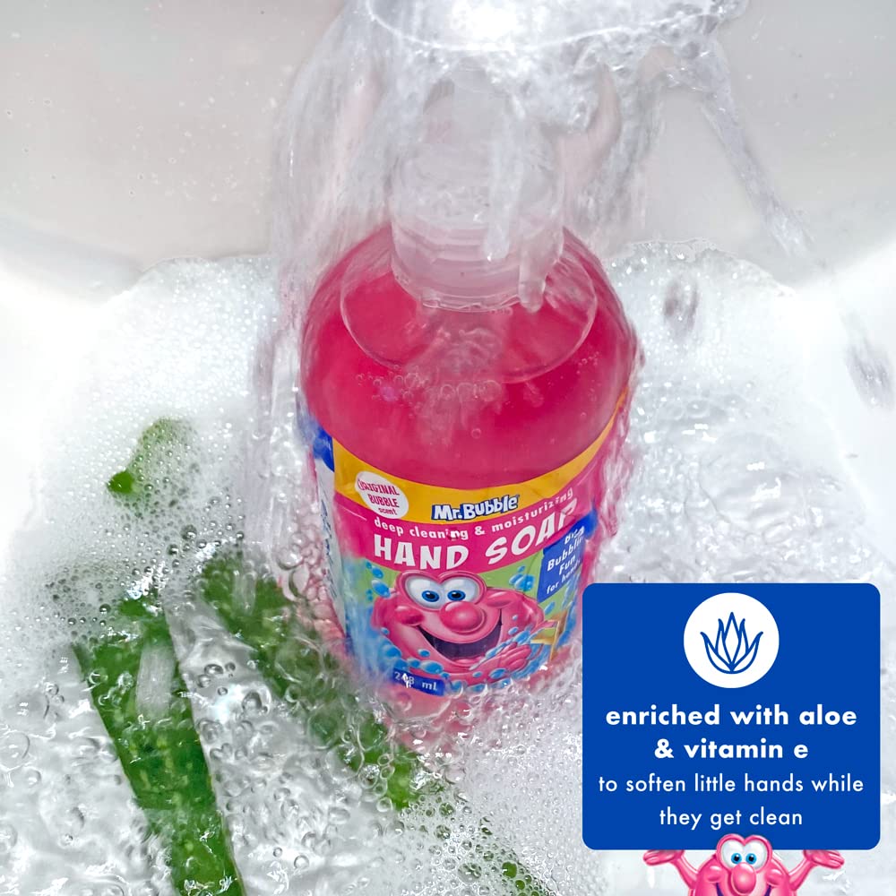 Kid washing hands with Mr. Bubble in a bubbly, joyful moment.