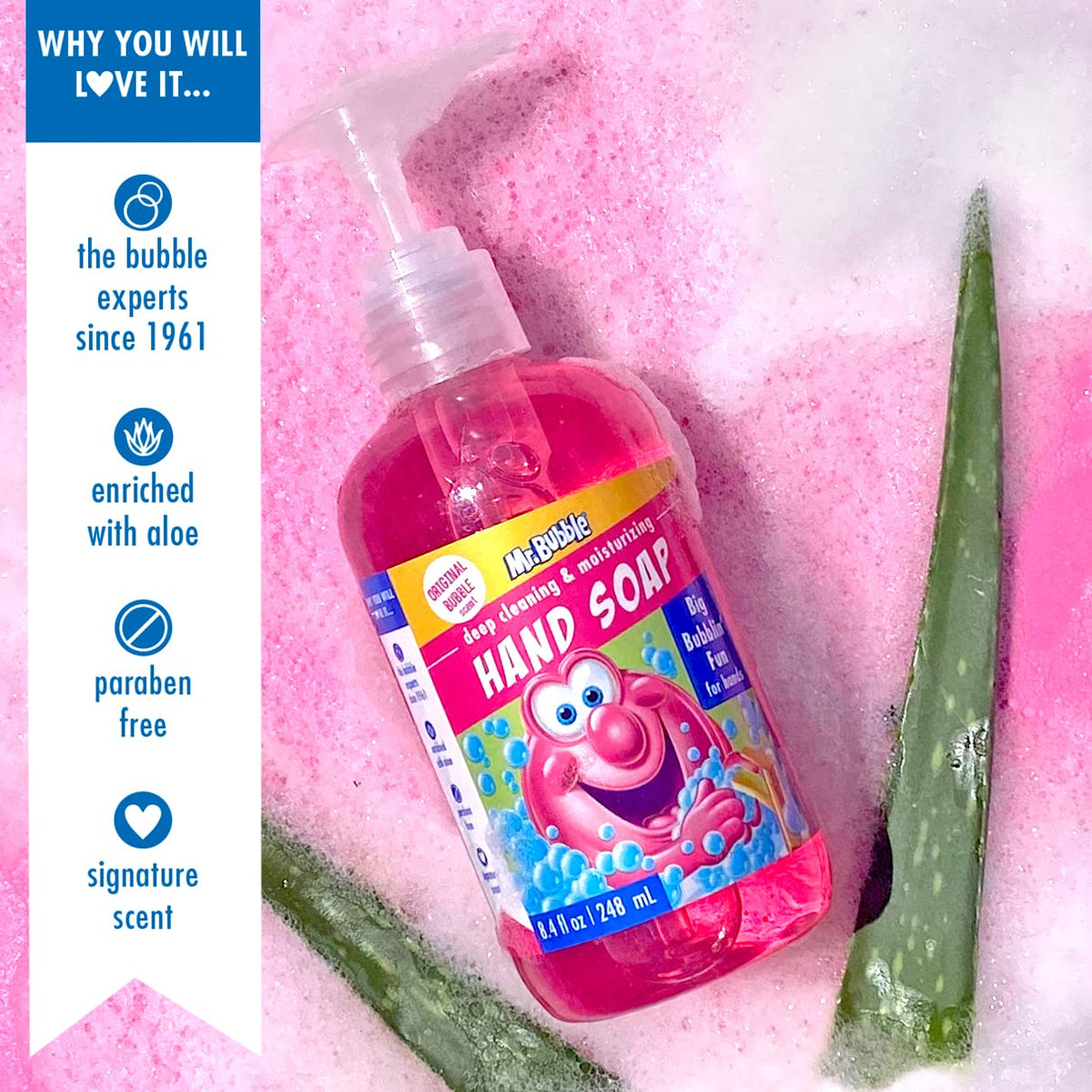 Mr. Bubble Kids Hand Soap label close-up showing Aloe Vera for gentle care.
