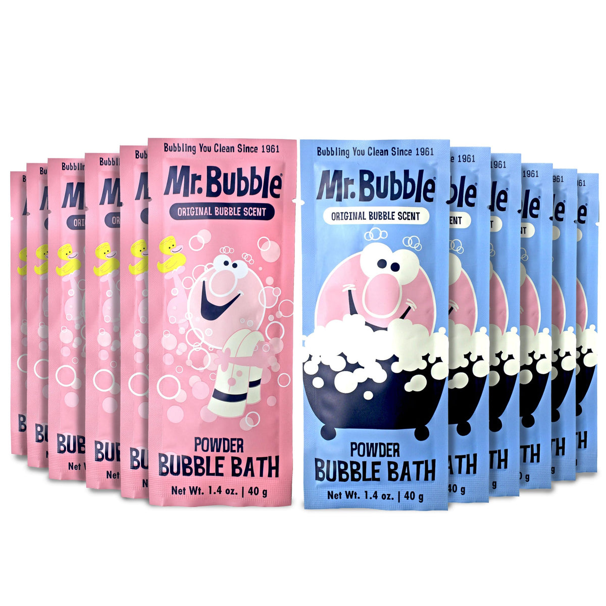 Mr. Bubble retro powder bubble bath pack 12 viewed with nostalgic packaging and bubbles