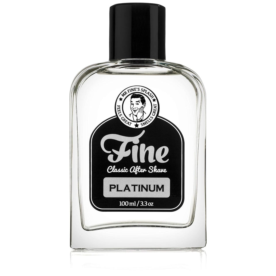 Mr. Fine Platinum bottle highlighting a premium aftershave fragrance for daily grooming.
