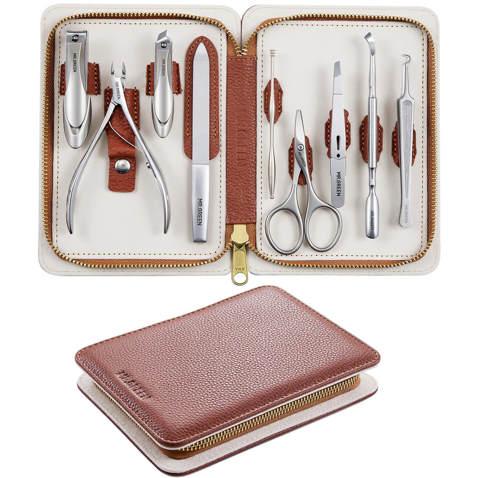MR.GREEN 9-in-1 manicure set in cognac leather case for travel grooming