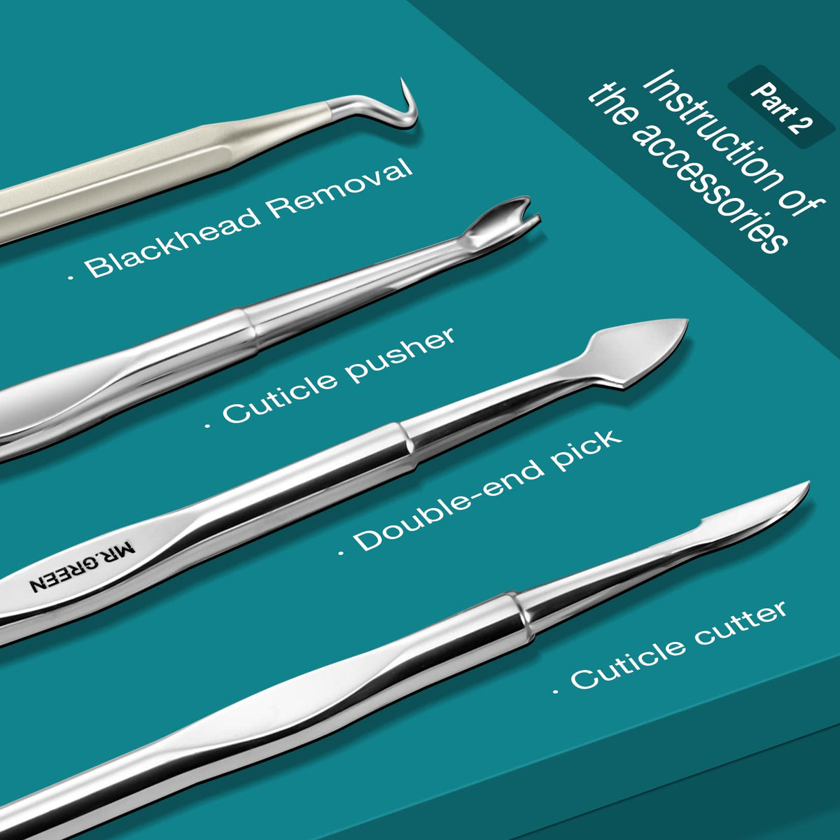 MR.GREEN cuticle tools detail shot emphasizes rust-resistant stainless steel.