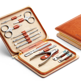 MR.GREEN 12-in-1 manicure set front view shows premium stainless steel tools for precise grooming at home.