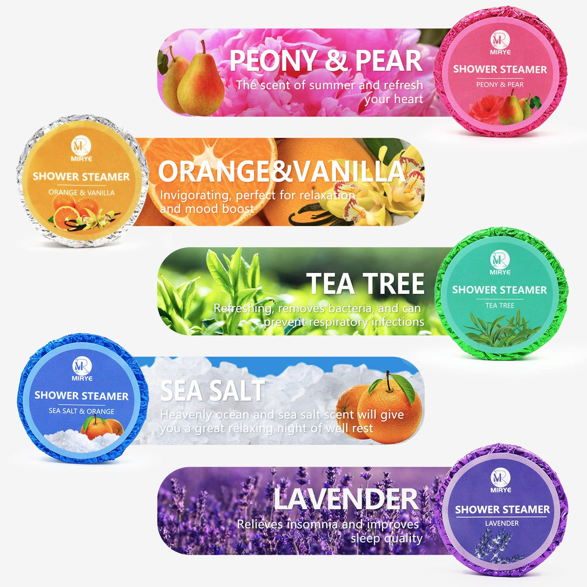 MR MIRYE orange and vanilla steamers for uplifting citrus aromatherapy during showers.