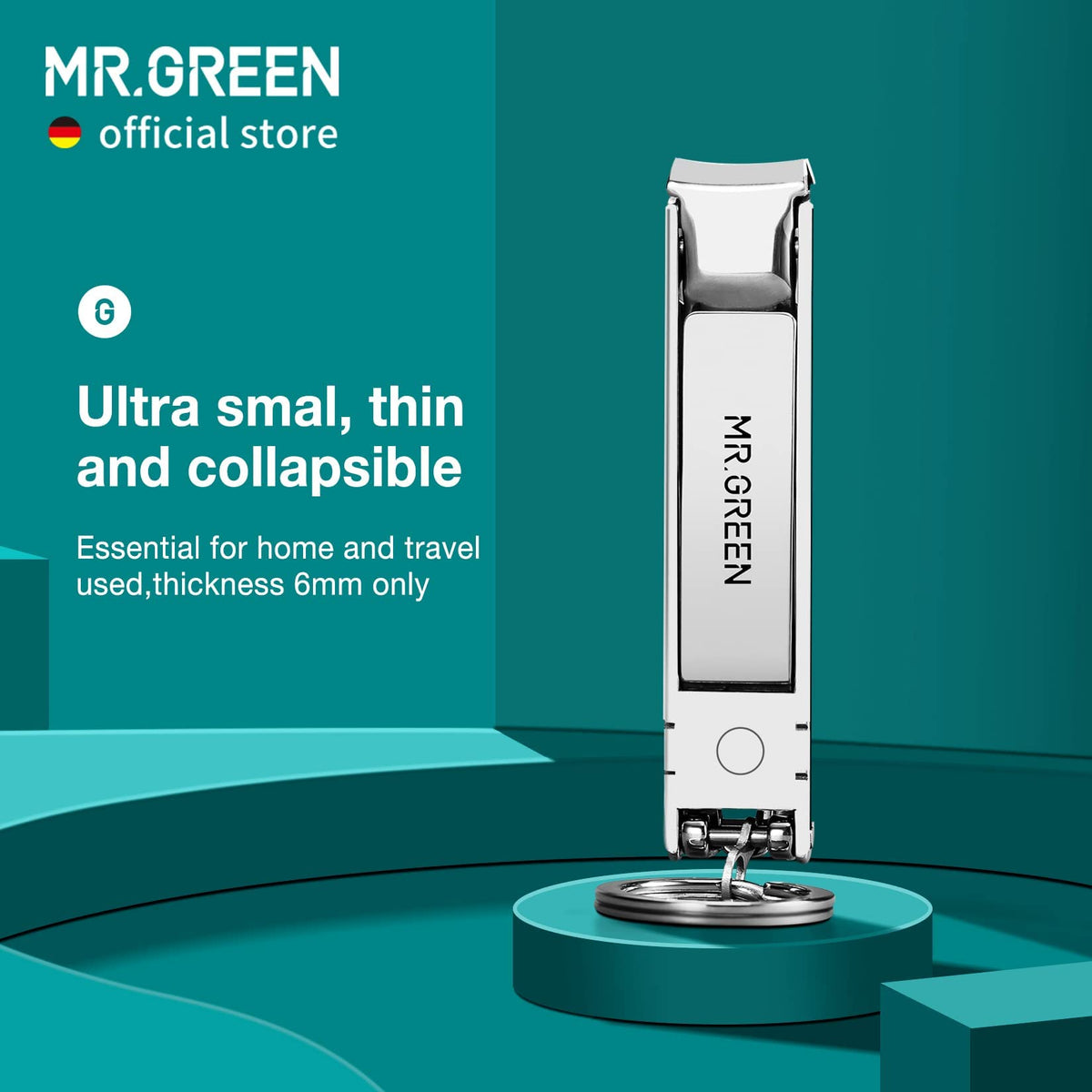 MR.GREEN stainless steel nail clipper close-up shows durable anti-rust blade