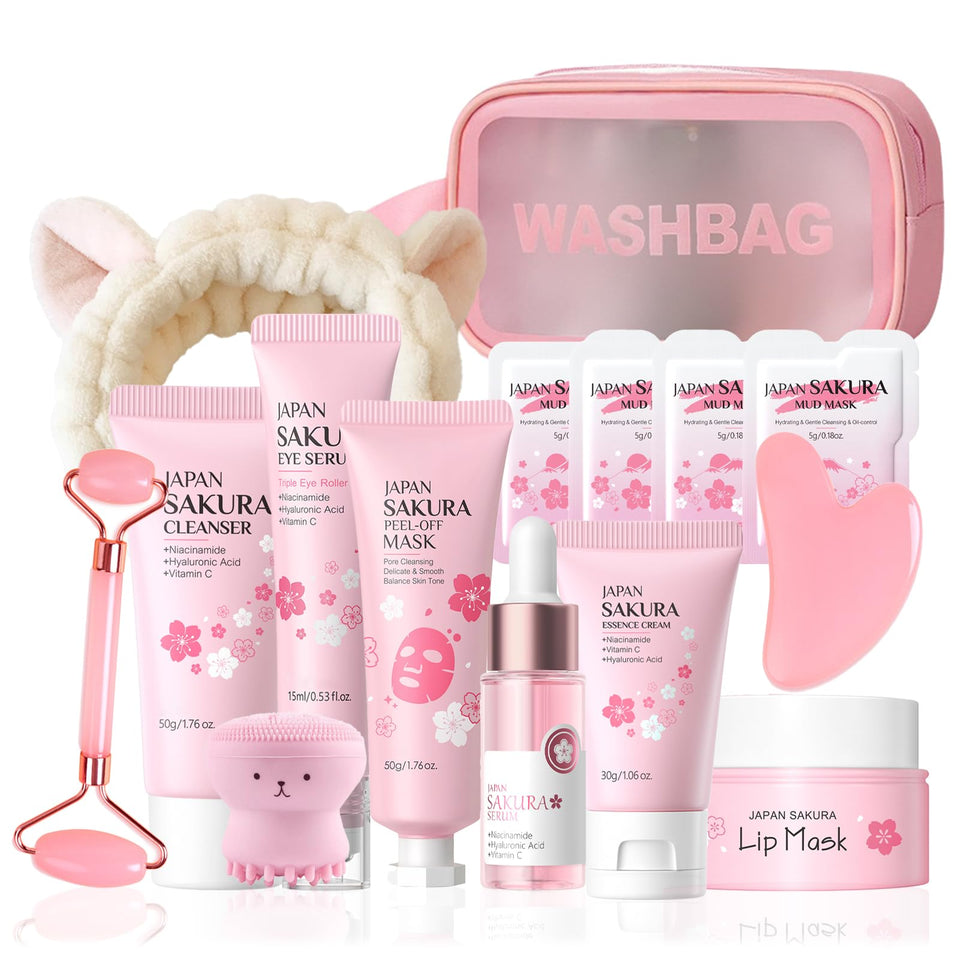 MrCuvaryas Japan Sakura Skin Care Set overview showcasing the complete kit for gentle daily cleansing and hydration.