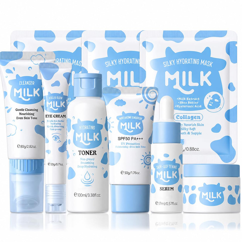 MrCuvaryas Milk Skincare Set packaging display, gift-ready and travel-friendly.