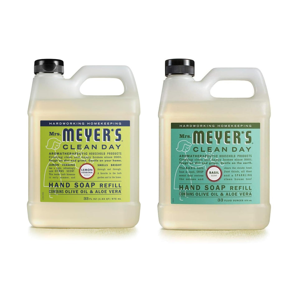 Mrs. Meyer's Basil refill bottle front view for daily hand washing with fresh scent
