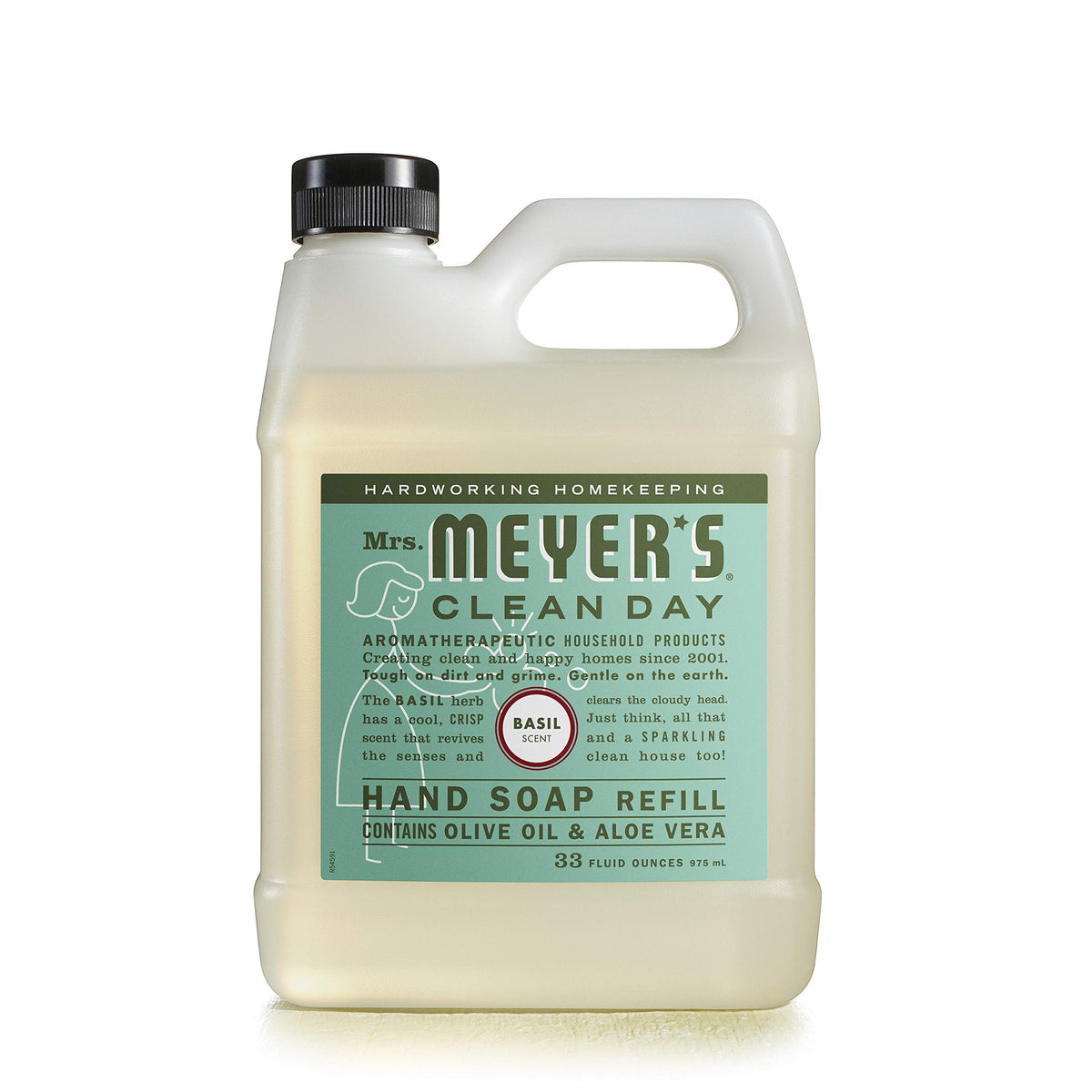 Mrs. Meyer's Basil refill packaging close-up emphasizing cruelty-free status