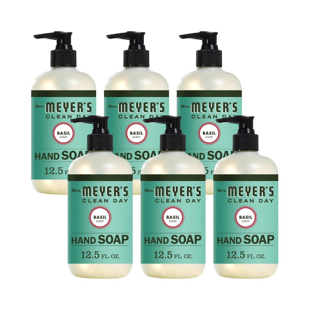 Mrs. Meyer's Clean Day Basil hand soap bottle in a six-pack for shared spaces.