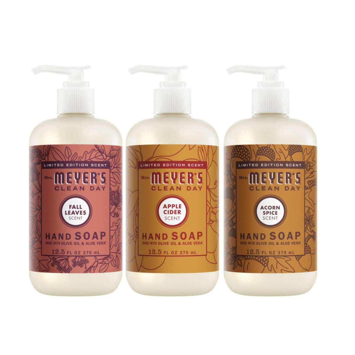 Mrs. Meyer's Clean Day Apple Cider hand soap bottle delivers gentle cleansing with citrus scent.
