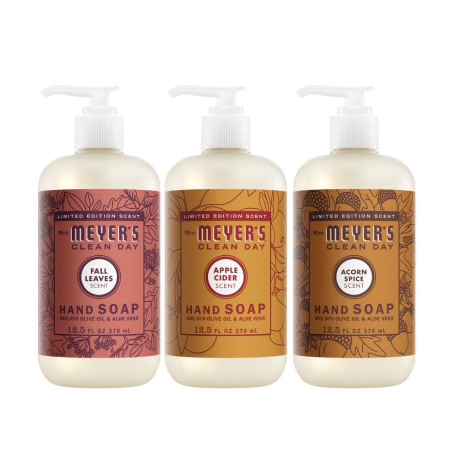 Mrs. Meyer's Clean Day Apple Cider hand soap bottle delivers gentle cleansing with citrus scent.
