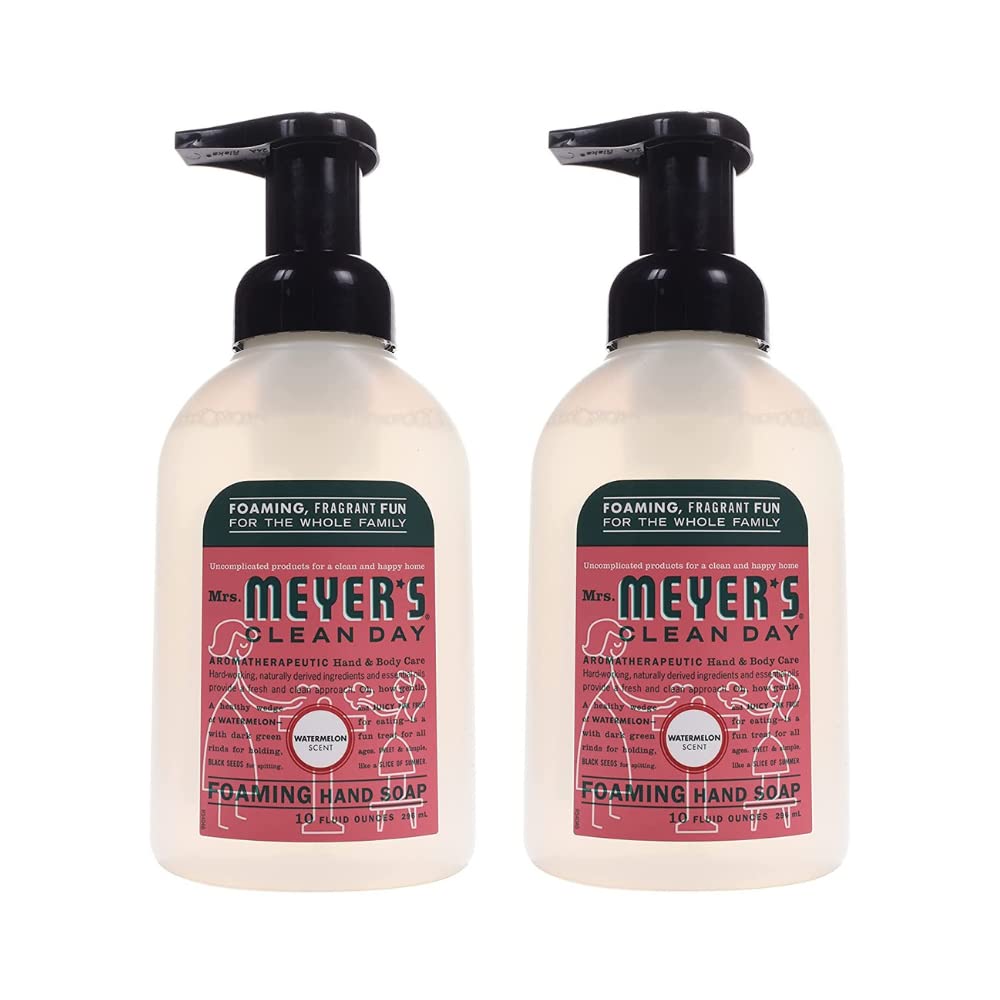 Mrs. Meyer's Clean Day Watermelon foaming hand soap bottle shows fresh packaging and ready lather.
