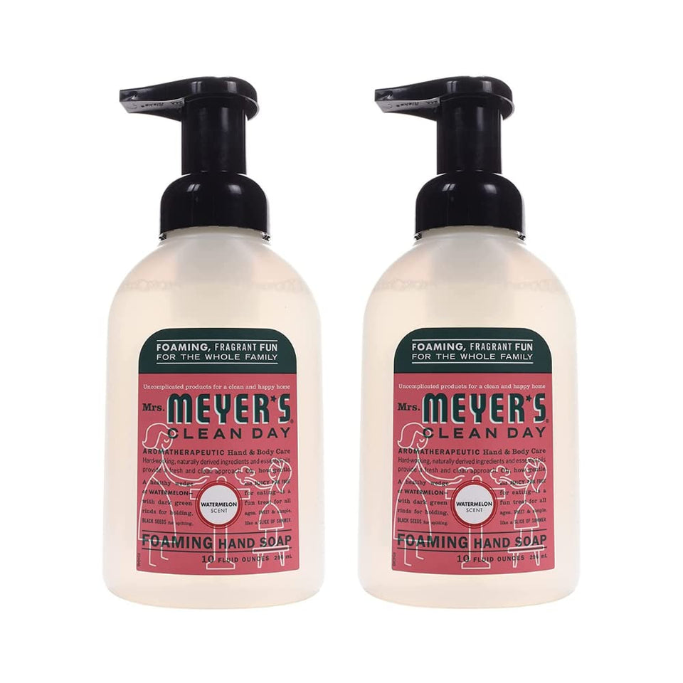 Mrs. Meyer's Clean Day Watermelon foaming hand soap bottle shows fresh packaging and ready lather.