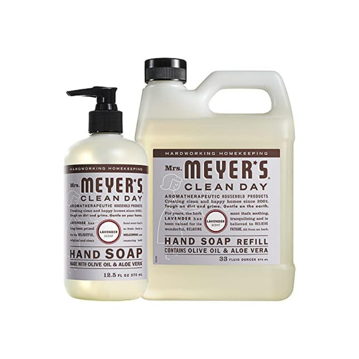 Mrs. Meyer's Clean Day Basil hand soap bottle pour for busy hands and fresh scent.