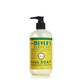 Close-up of Mrs. Meyer's Clean Day hand soap bottle showing soft moisturizing formula.
