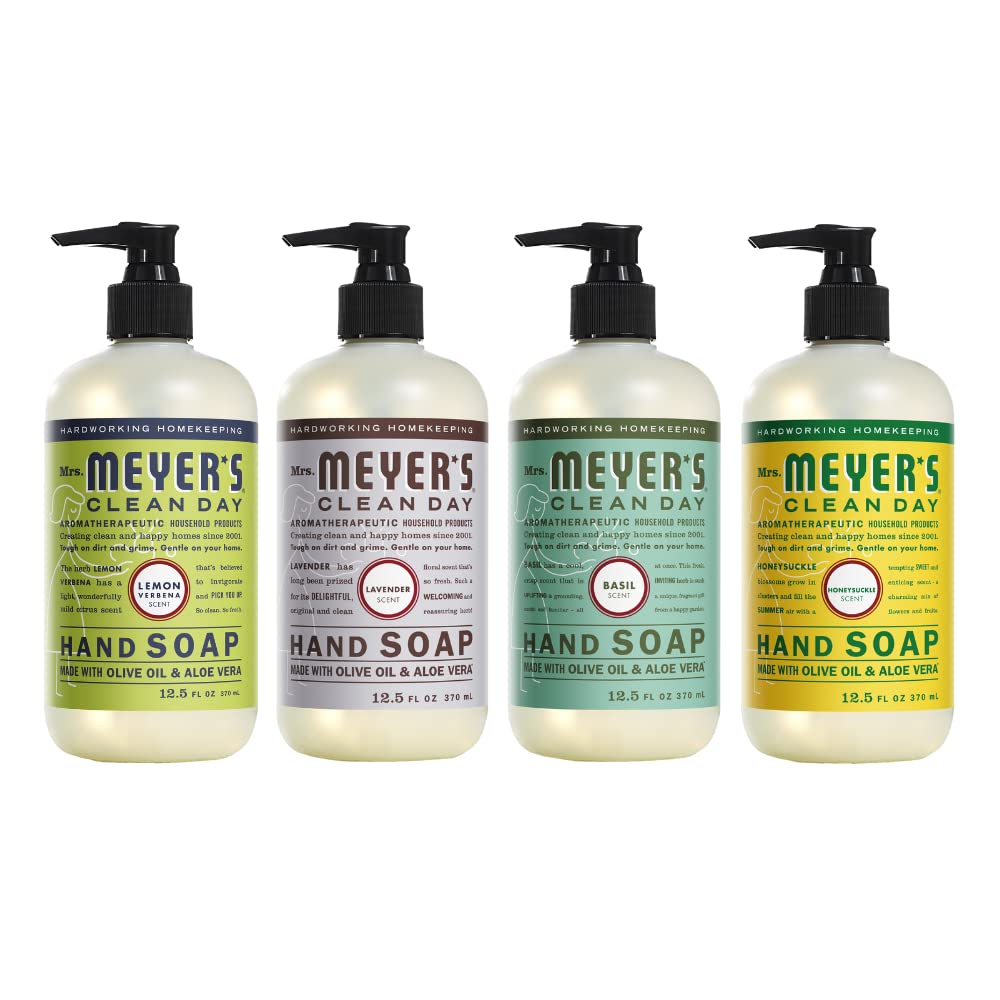Mrs. Meyer's Clean Day hand soap bundle Lemon Verbena bottle close-up with refreshing citrus scent.