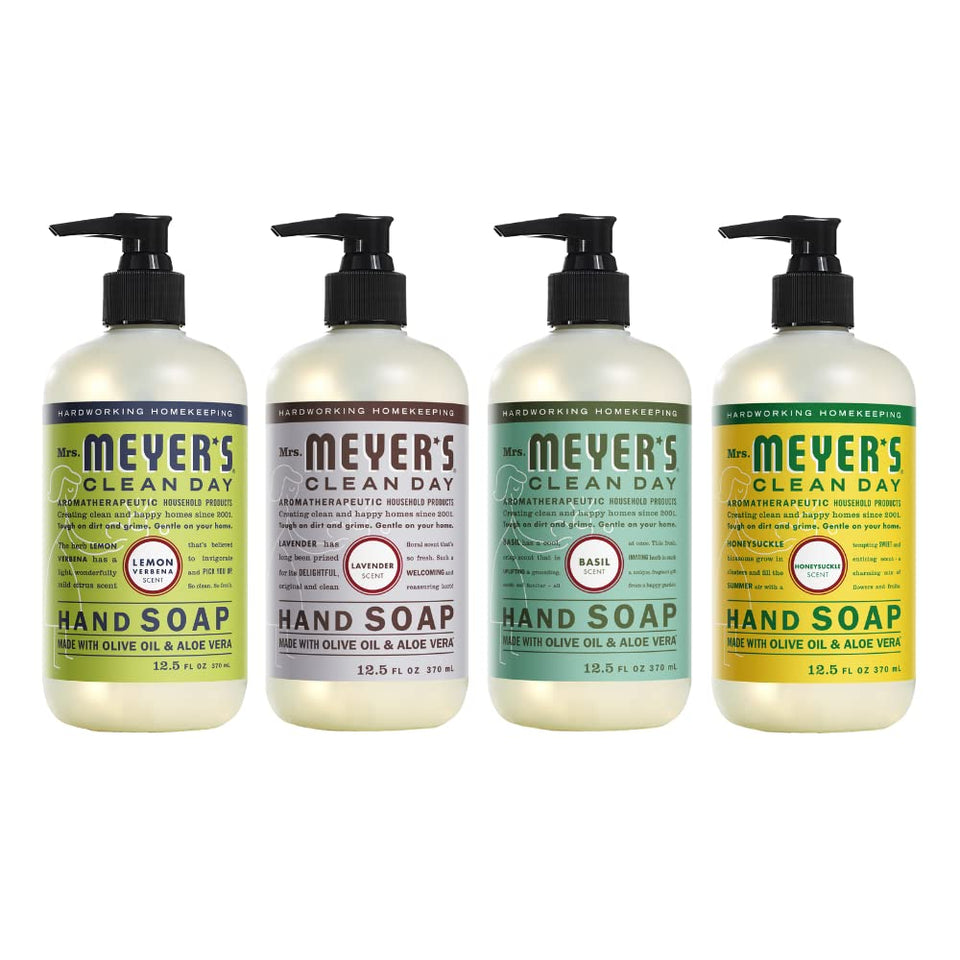 Mrs. Meyer's Clean Day hand soap bundle Lemon Verbena bottle close-up with refreshing citrus scent.