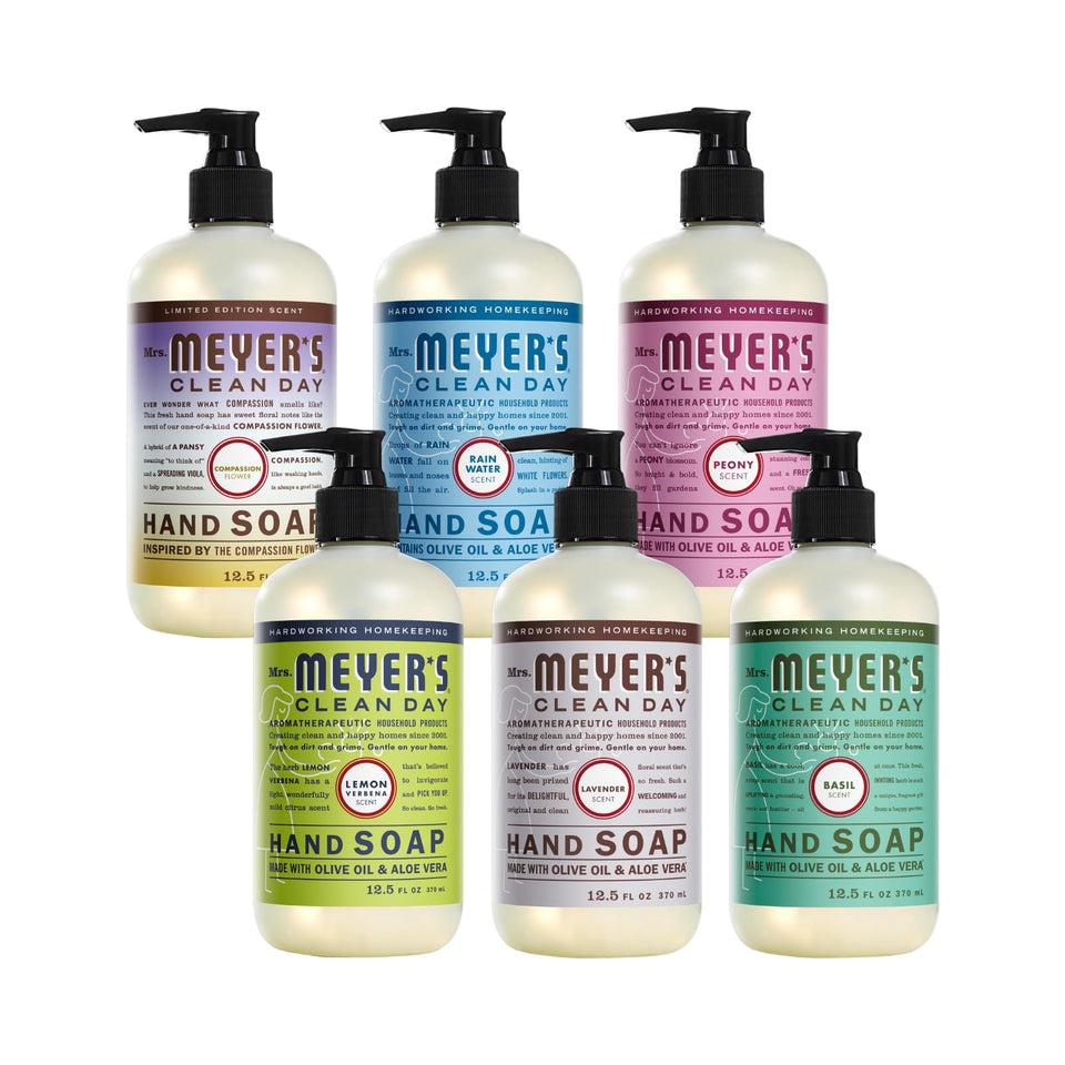 Mrs. Meyer's Clean Day Compassion Flower soap bottle with floral notes for a refreshing wash.