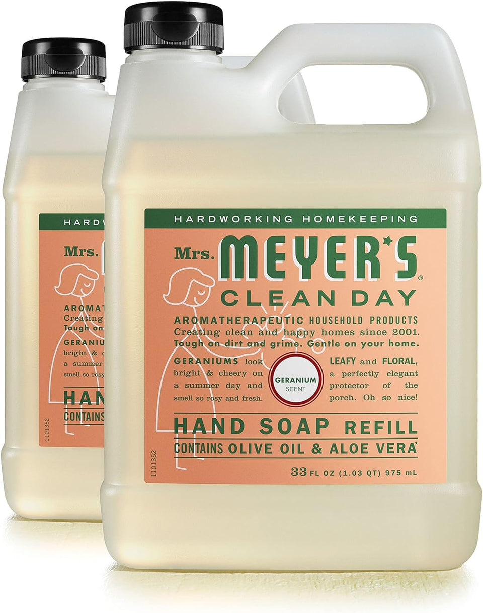 Mrs. Meyer's Clean Day Geranium hand soap bottle for everyday cleansing and refreshing scent.