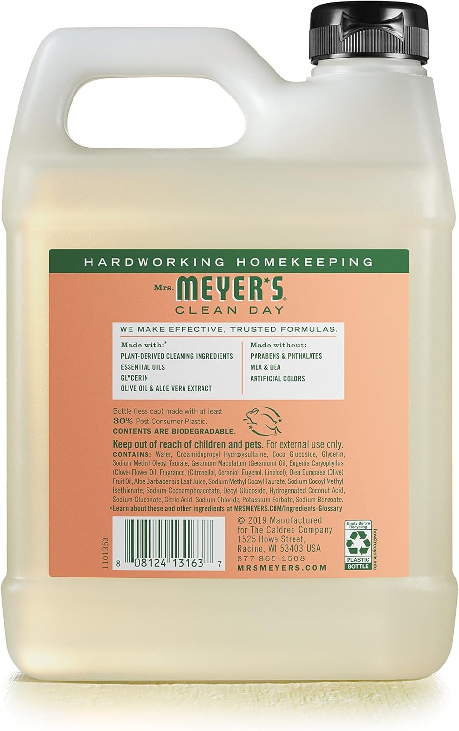 The Geranium lather from Mrs. Meyer's soap leaves hands clean and lightly scented.