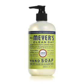 Mrs. Meyer's Clean Day hand soap label highlights essential oils and cruelty-free notes.