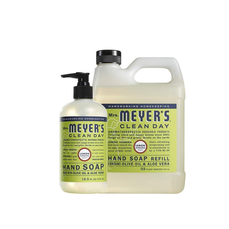 Mrs. Meyer's Lemon Verbana hand soap bottle on a sink ready to refresh hands