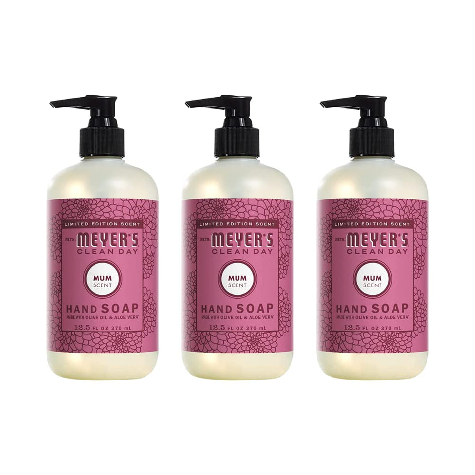 Mrs. Meyer's Clean Day Mum hand soap bottle showing the warm, floral scent for refreshing handwashing