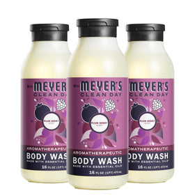 Mrs. Meyer's Plum Berry body wash bottle front, moisturizing formula for daily cleanse.
