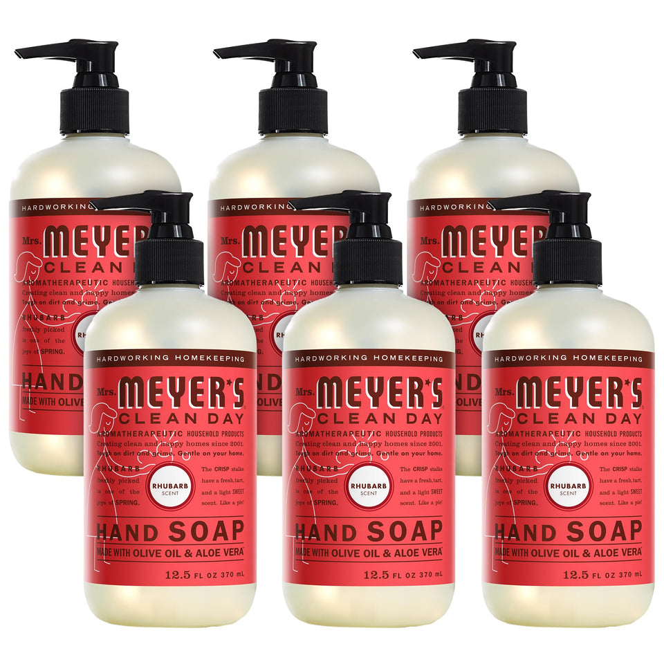 Mrs. Meyer's Clean Day Rhubarb hand soap bottle front for clean hands and garden scent.