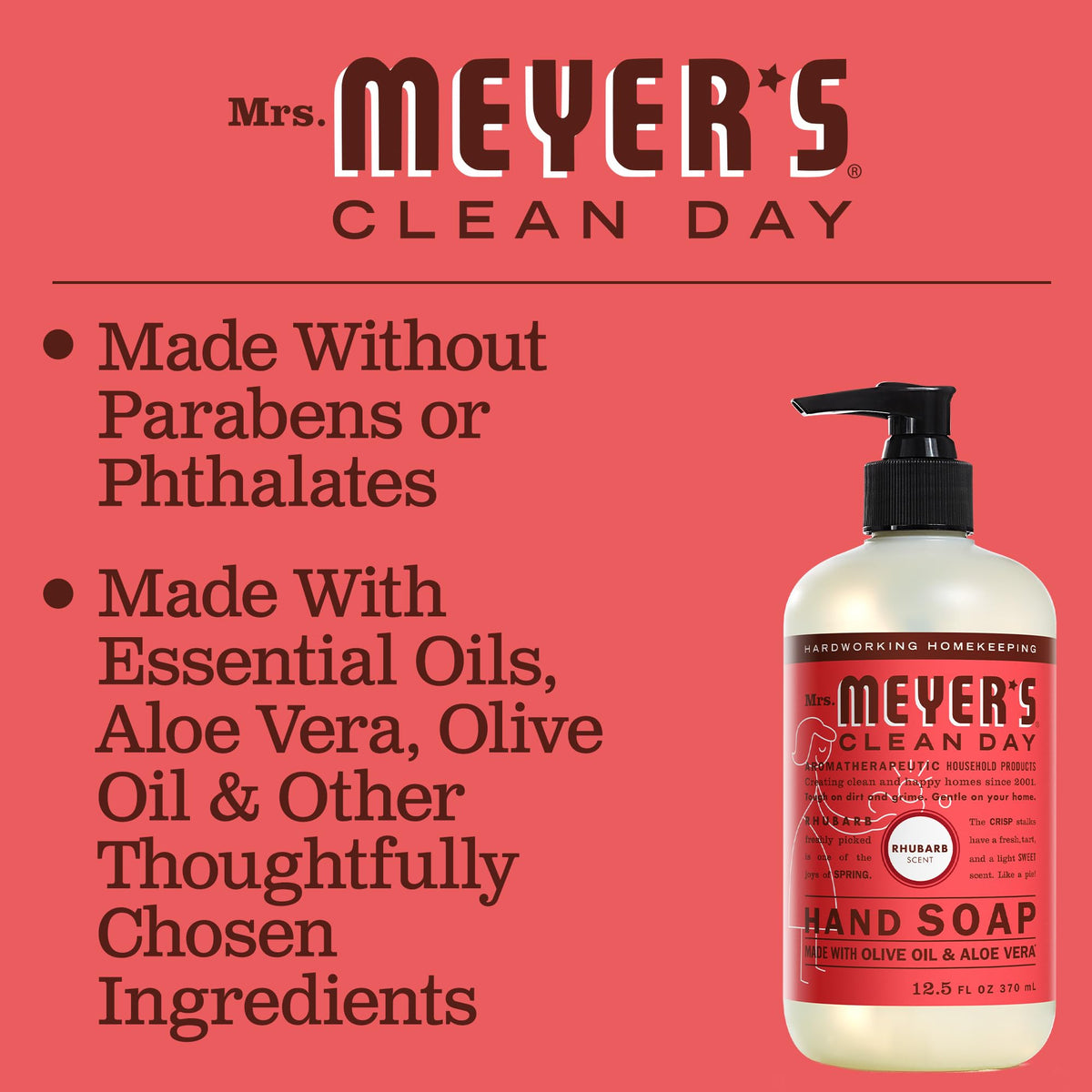 Mrs. Meyer's Rhubarb hand soap with pump ideal for kitchen sinks and daily use.