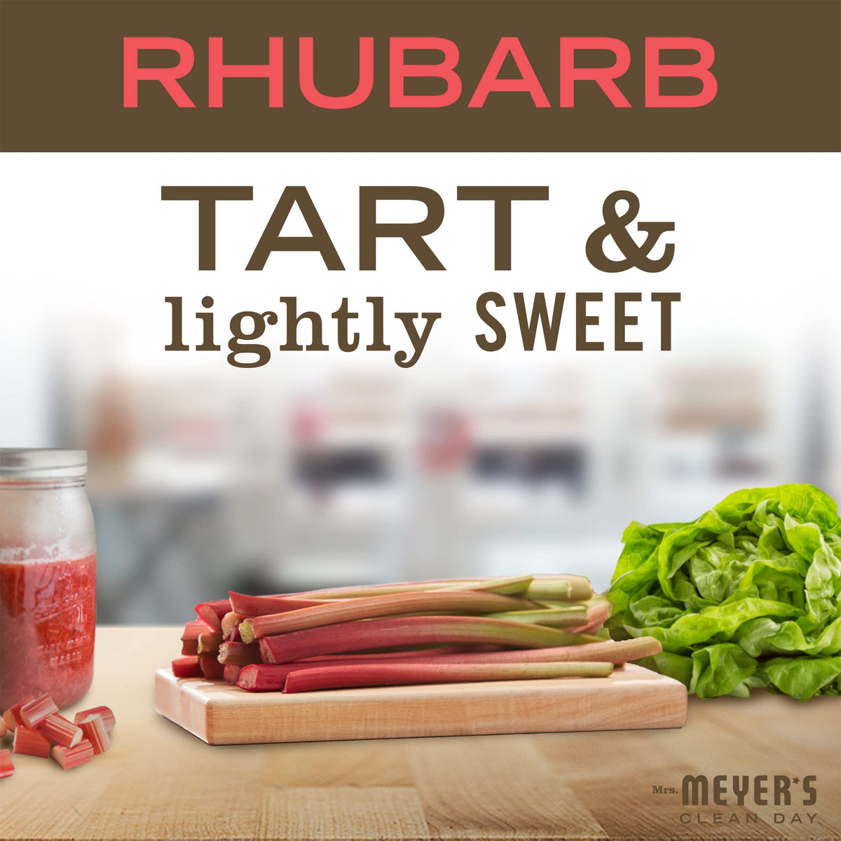 Mrs. Meyer's Clean Day Rhubarb hand soap label closeup showing gentle formula.
