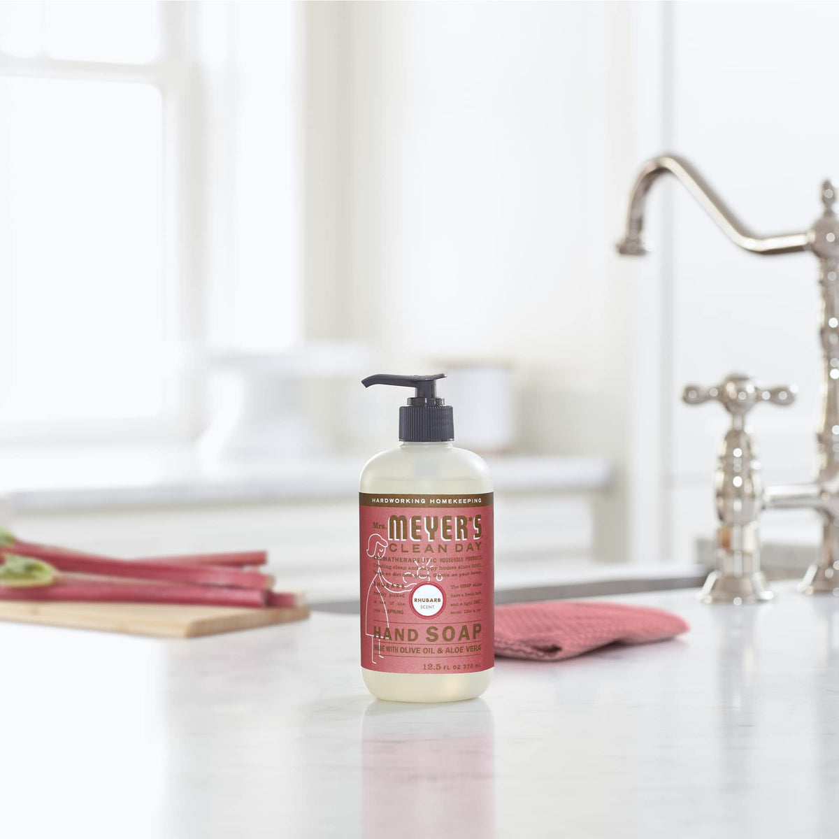 Mrs. Meyer's Clean Day Rhubarb hand soap packaging showing 12.5 oz pack of six.