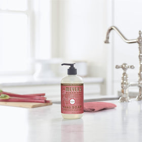 Mrs. Meyer's Clean Day Rhubarb hand soap packaging showing 12.5 oz pack of six.