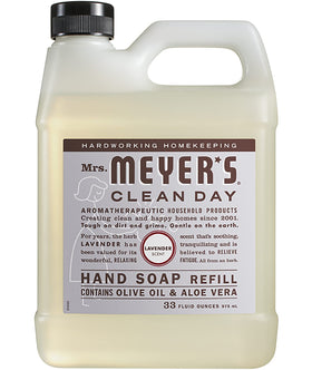 Close-up of Mrs. Meyer's Lavender label with essential oils information.
