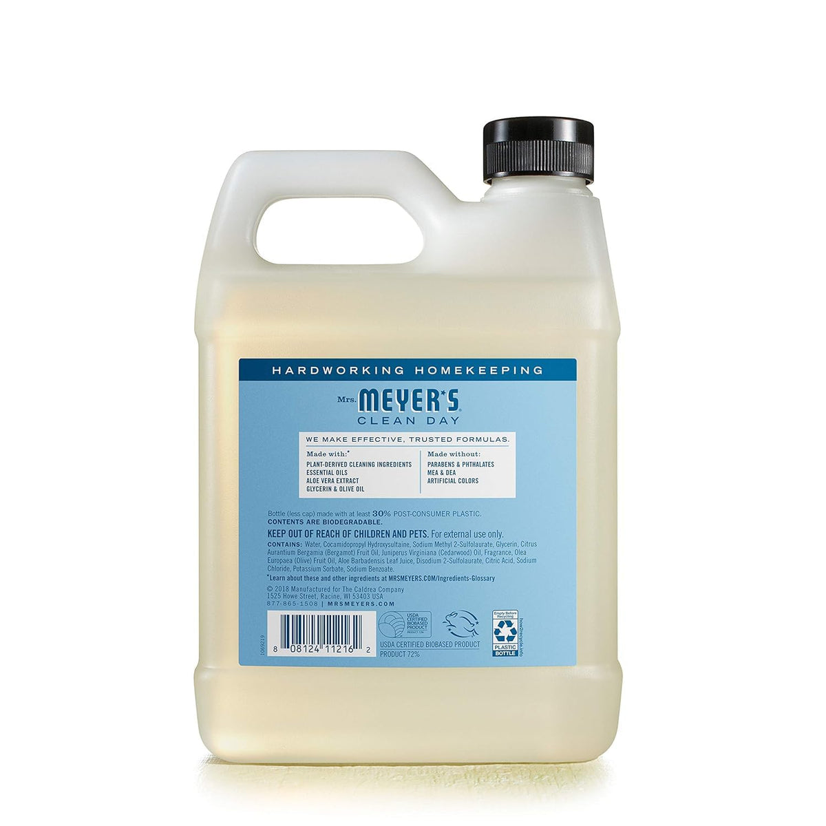 Mrs. Meyer's Rainwater packaging highlights recyclable materials and refill-friendly design.