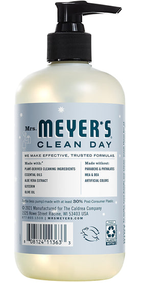 Mrs. Meyer's SnowDrop bottle shows cruelty-free badge and clean ingredients