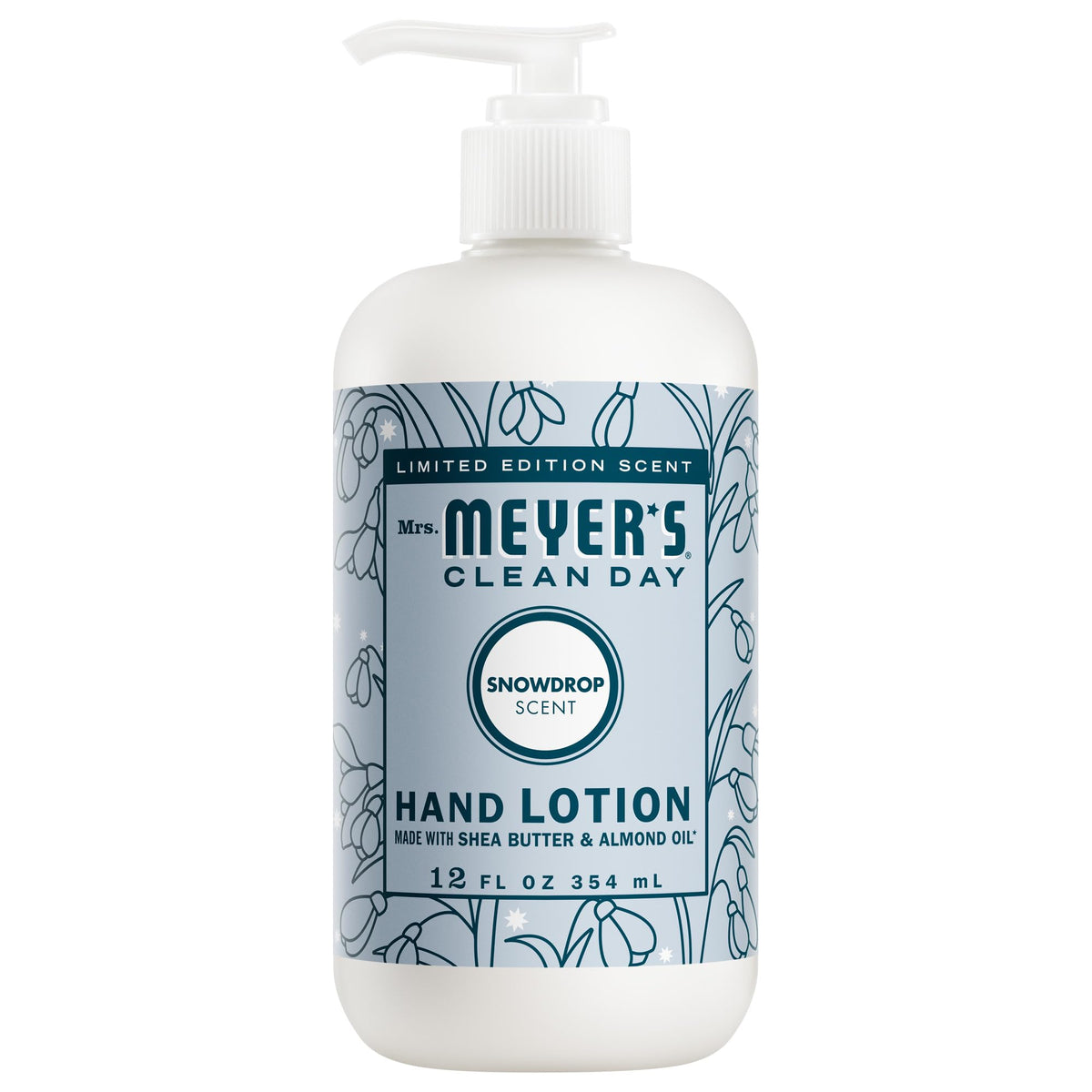 Mrs. Meyer's Snowdrop hand lotion bottle front shows non-greasy hydration.