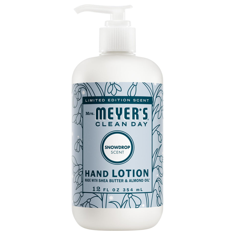 Mrs. Meyer's Snowdrop hand lotion bottle front shows non-greasy hydration.