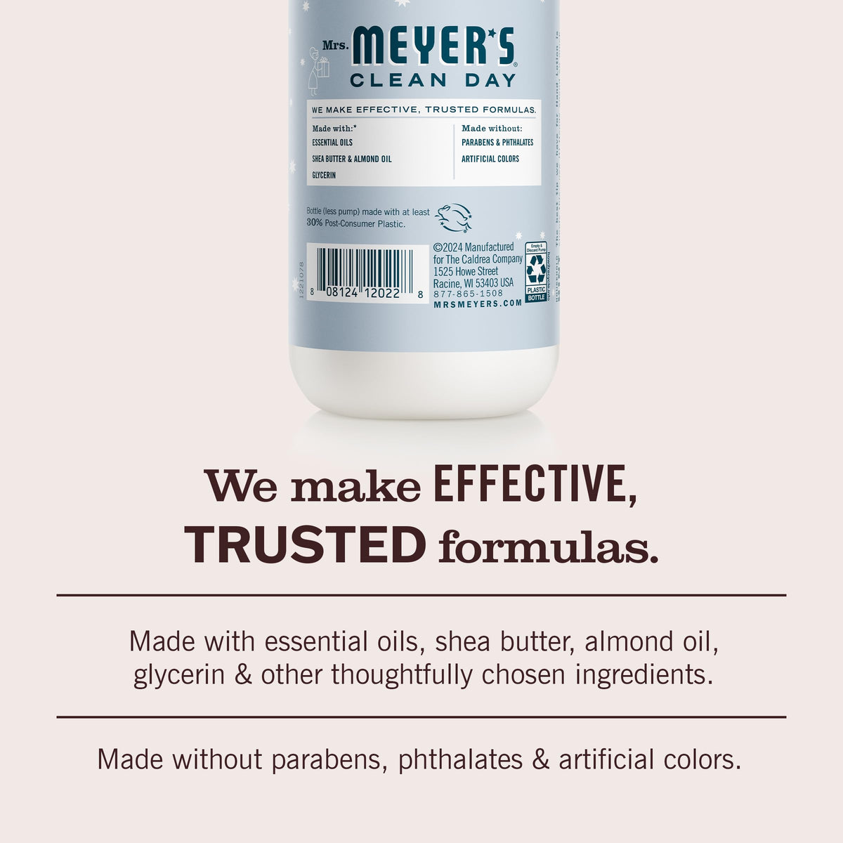 Mrs. Meyer's Snowdrop hand lotion label closeup with clean ingredient notes.